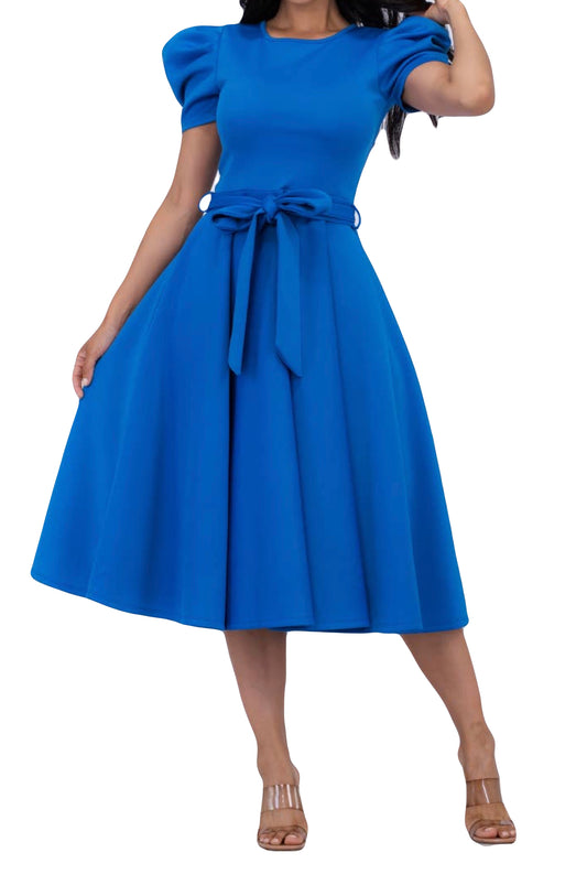 Royal Blue Puff Sleeve Midi Dress