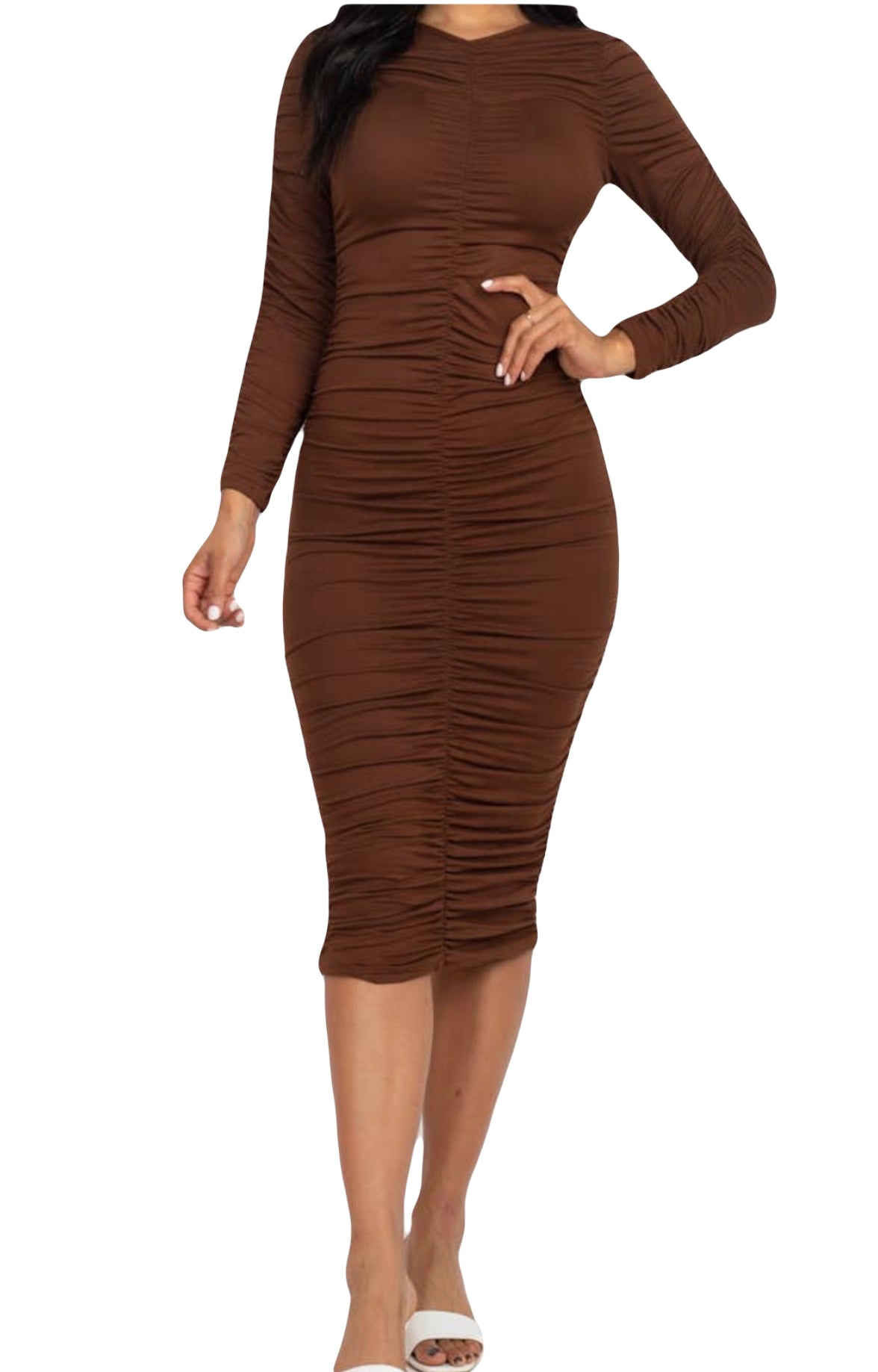 Ruched Long Sleeve Midi Dress