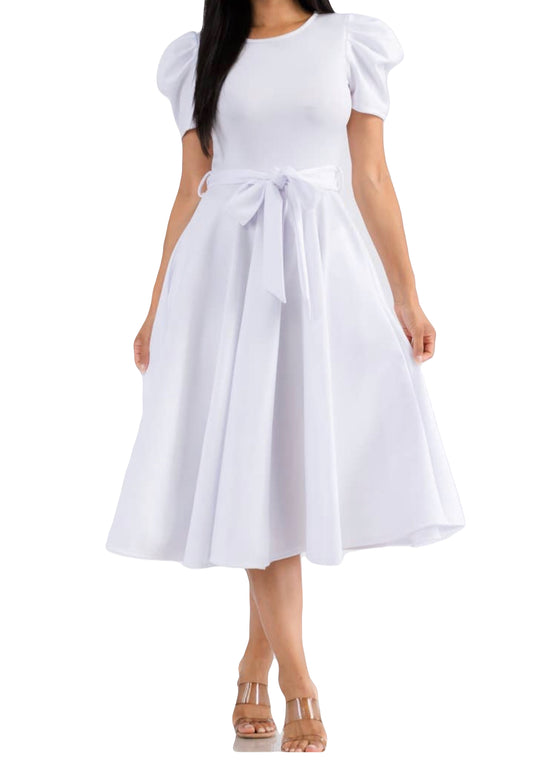 White Puff Sleeve Midi Dress