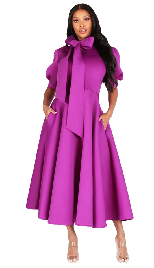 Plum Bubble Sleeve Neck Bow Dress